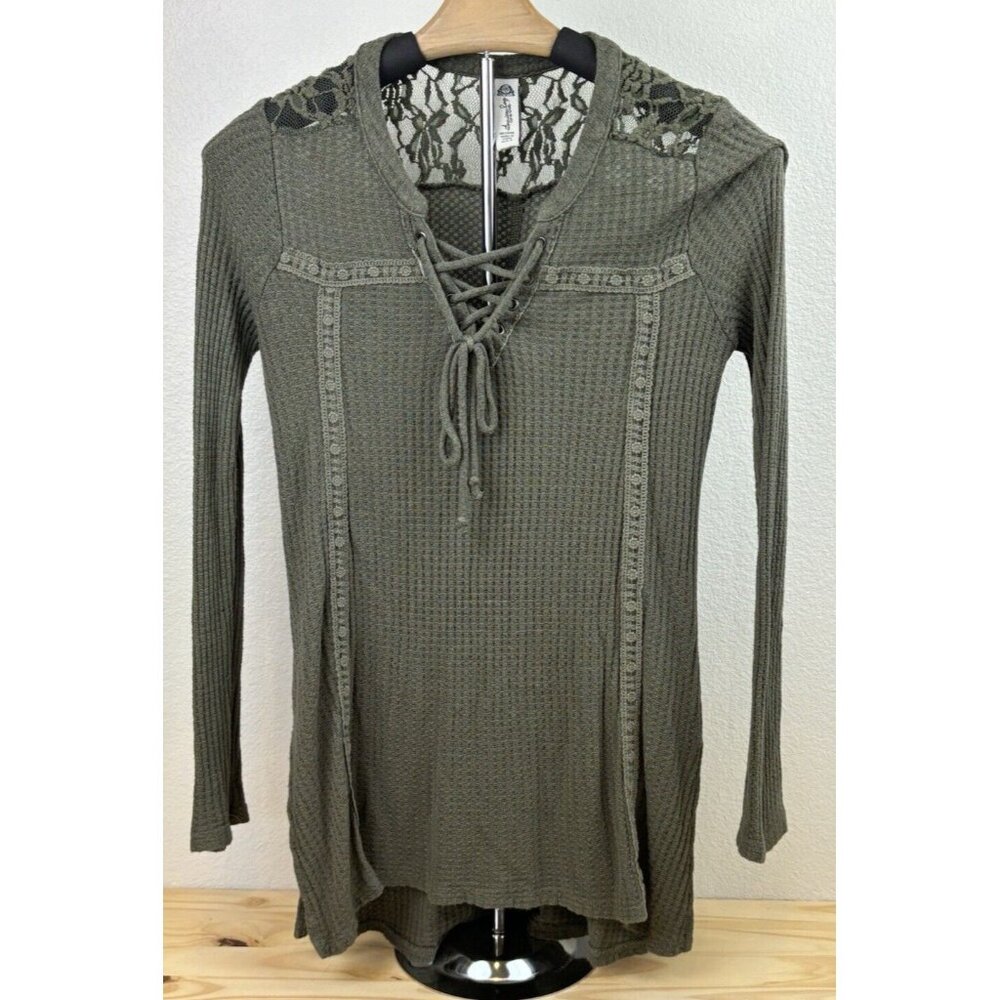 American Rag‎ Cie Women's Small Long Sleeve Sage Green Thermal Lace Up Y2K